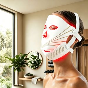 SatisJoy LED Face & Neck Light Therapy Mask, 4-Mode 450nm 590nm 660nm 850nm, Wireless Magnetic Controller, 5/10/20min Timer, White Home Spa Skincare for Pore Care & Skin Radiance 图片风格与肤色调整